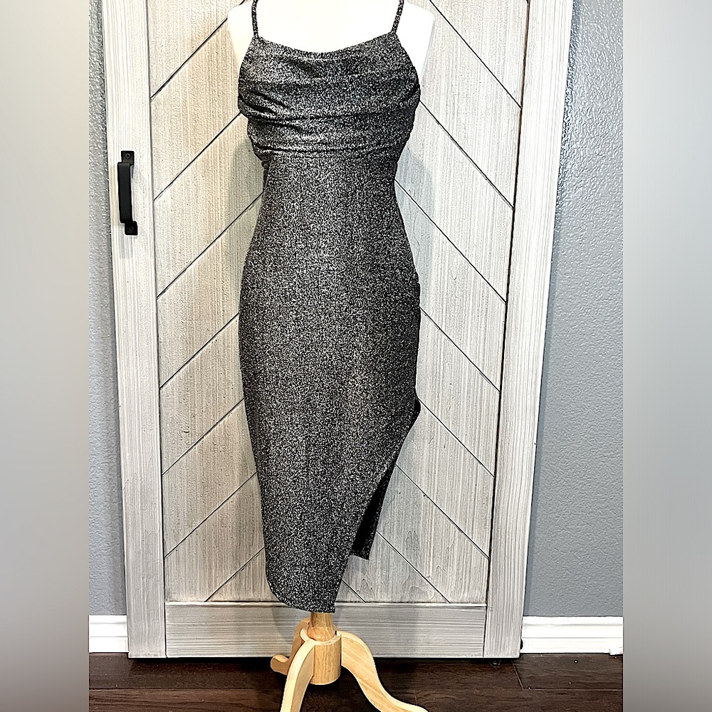 Madden NYC Asymmetrical Black and Silver Party Dress w/Spaghetti Straps Size L
